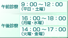 午前9:00〜12:00(平日・土曜日)、午後14:00〜16:00(水曜日)・16:00〜18:30(月〜水・金曜日)
